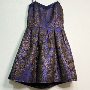 Roberta Blue and Metallic Gold Strapless Brocade Dress. Fit ‘n Flare. Sz 9-10.